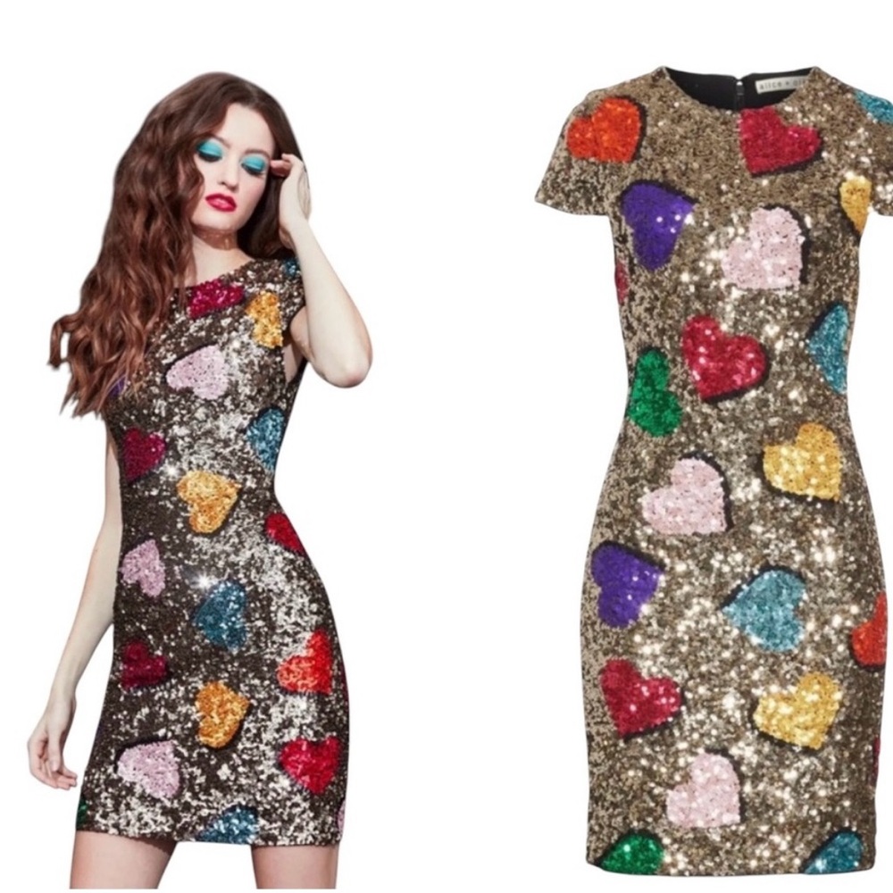 Alice + Olivia Nat Gold Heart Sequin Minj Dress Size 10